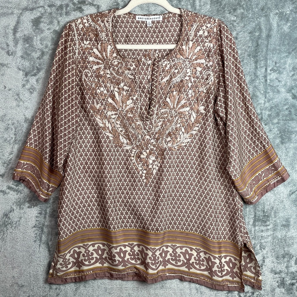 Gretchen Scott Tunic Top‎ Womens Medium Brown Embroidered Split Neck Silk Blend